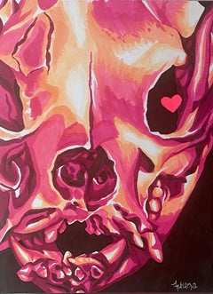 "Bulldog Skull, Frontal View", Contemporary, Hearts, Neon, Pink, Black, Drawing