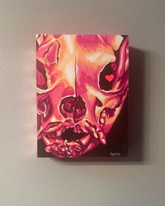 "Bulldog Skull, Frontal View", Contemporary, Hearts, Neon, Pink, Black, Drawing