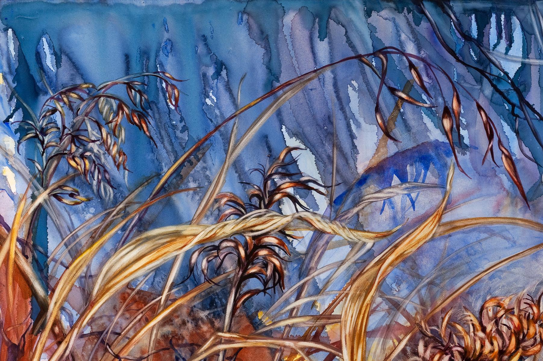 « Allow », paysage, herbes de marais, tons bleus, peinture à l'aquarelle - Painting de Sarah Alexander