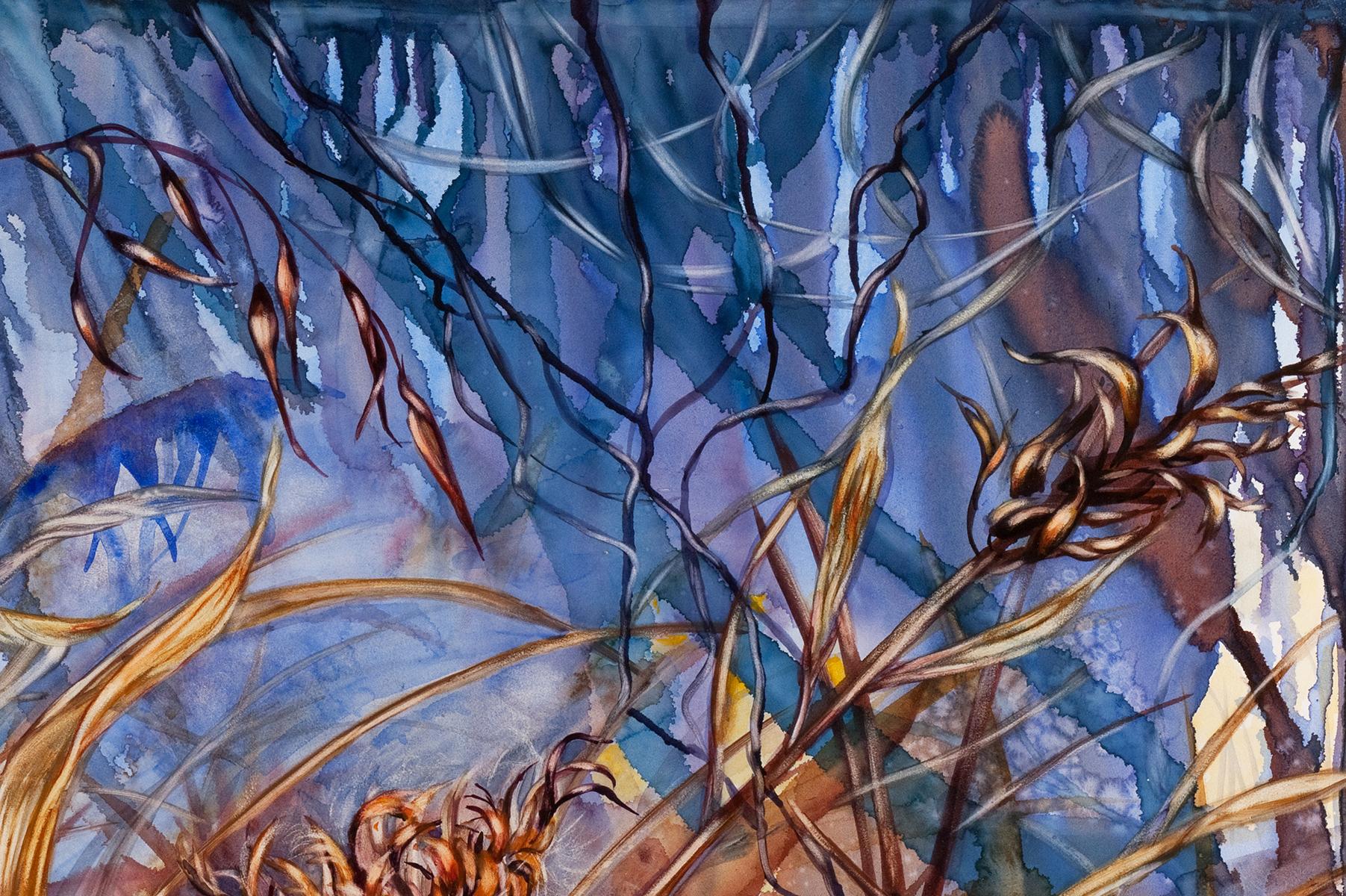 « Allow », paysage, herbes de marais, tons bleus, peinture à l'aquarelle - Contemporain Painting par Sarah Alexander