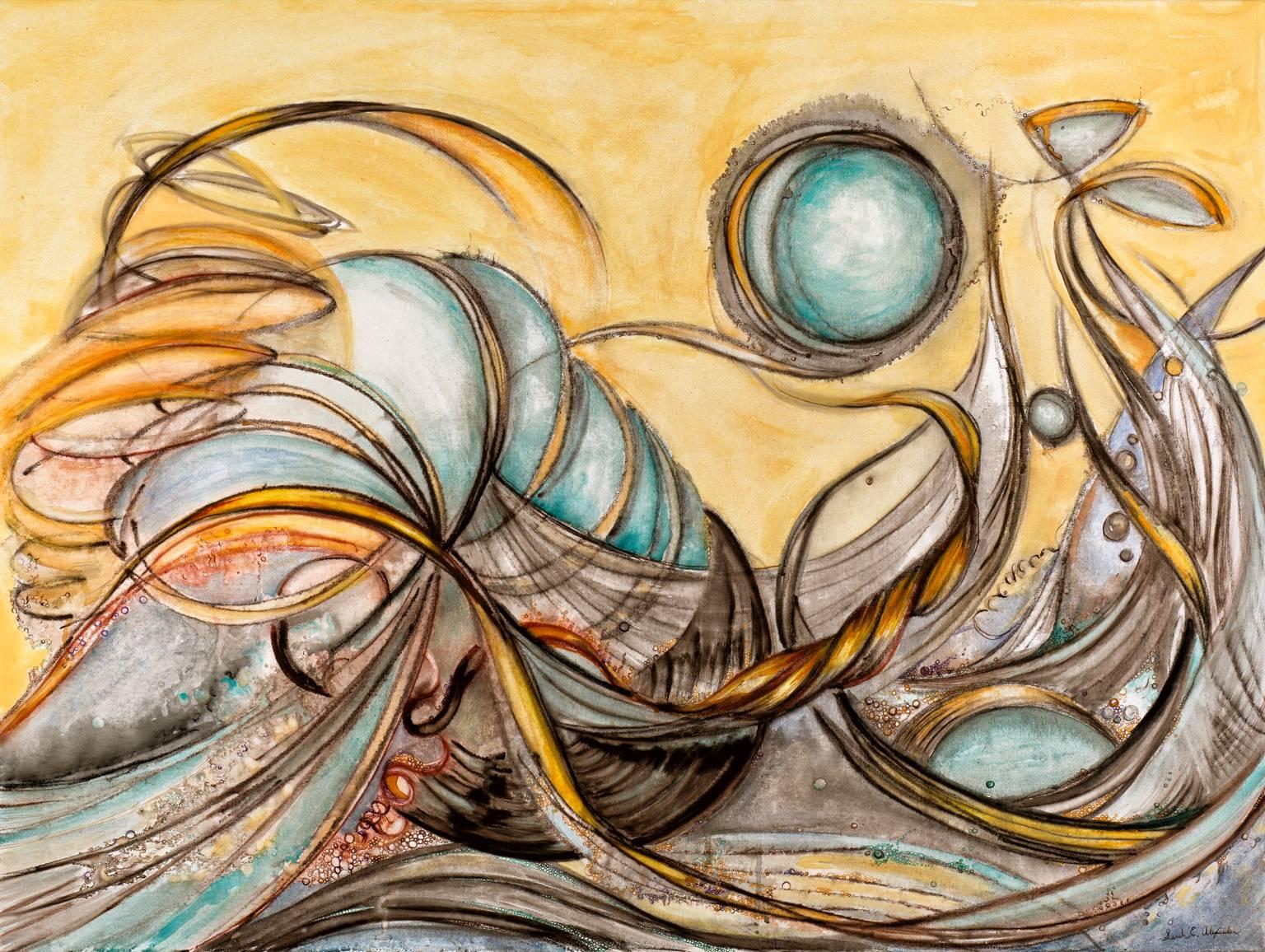 Sarah Alexander Abstract Painting - "Turbulence", abstract, watercolor, yellows, reds, browns, mixed media, painting