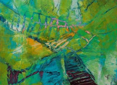 "Baldacchino", pittura acrilica astratta, vibrante, verde, oro, verde acqua, rosa