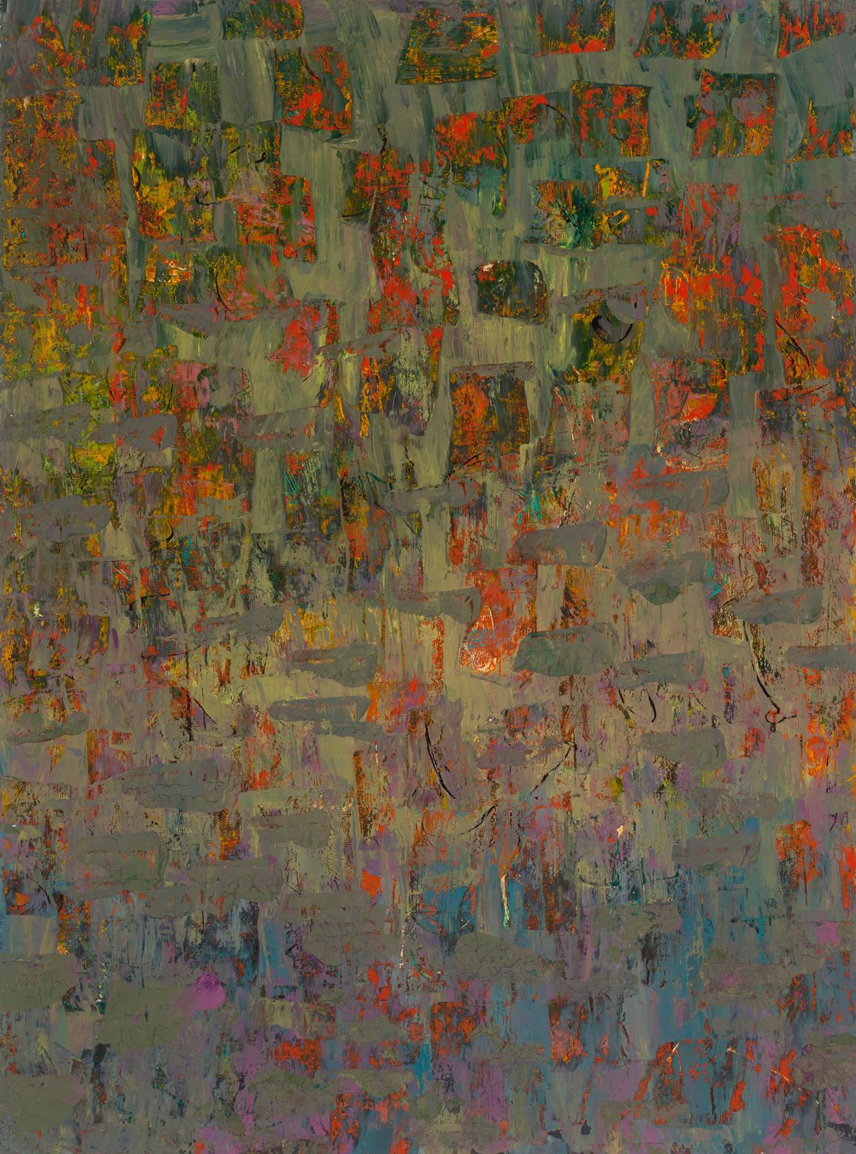 Melissa Shaak Abstract Painting - "Interfacing", abstract, acrylic painting, oil pastel, grey, green, orange