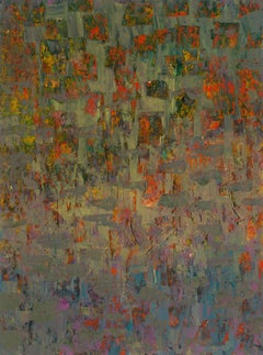 "Interfacing", abstract, acrylic painting, oil pastel, grey, green, orange