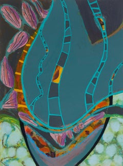 "Ladders", abstract, grey, teal, yellows, pinks, oil pastel, acrylic painting