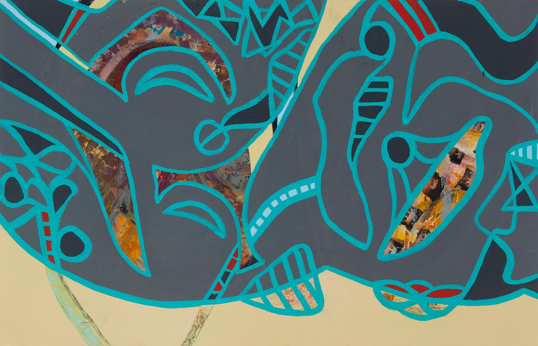 "Through Lines", abstract, tigers, grey, teal, acrylic painting - Mixed Media Art by Melissa Shaak