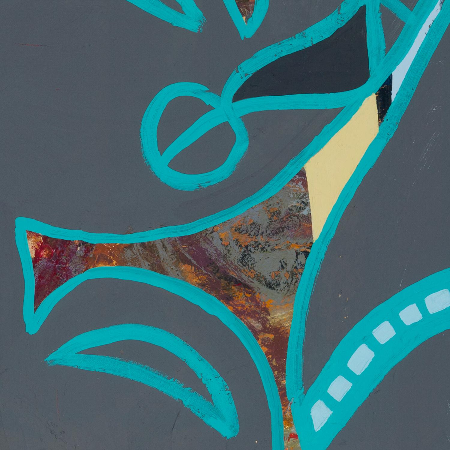 Melissa Shaak’s “Through Lines” is a 26 x 40 x 2 inch acrylic painting, with collaged images of tigers, on paper mounted on cradled board. The large, flat grey swaths outlined in teal appear myth-like, and the core of the piece is the interplay of