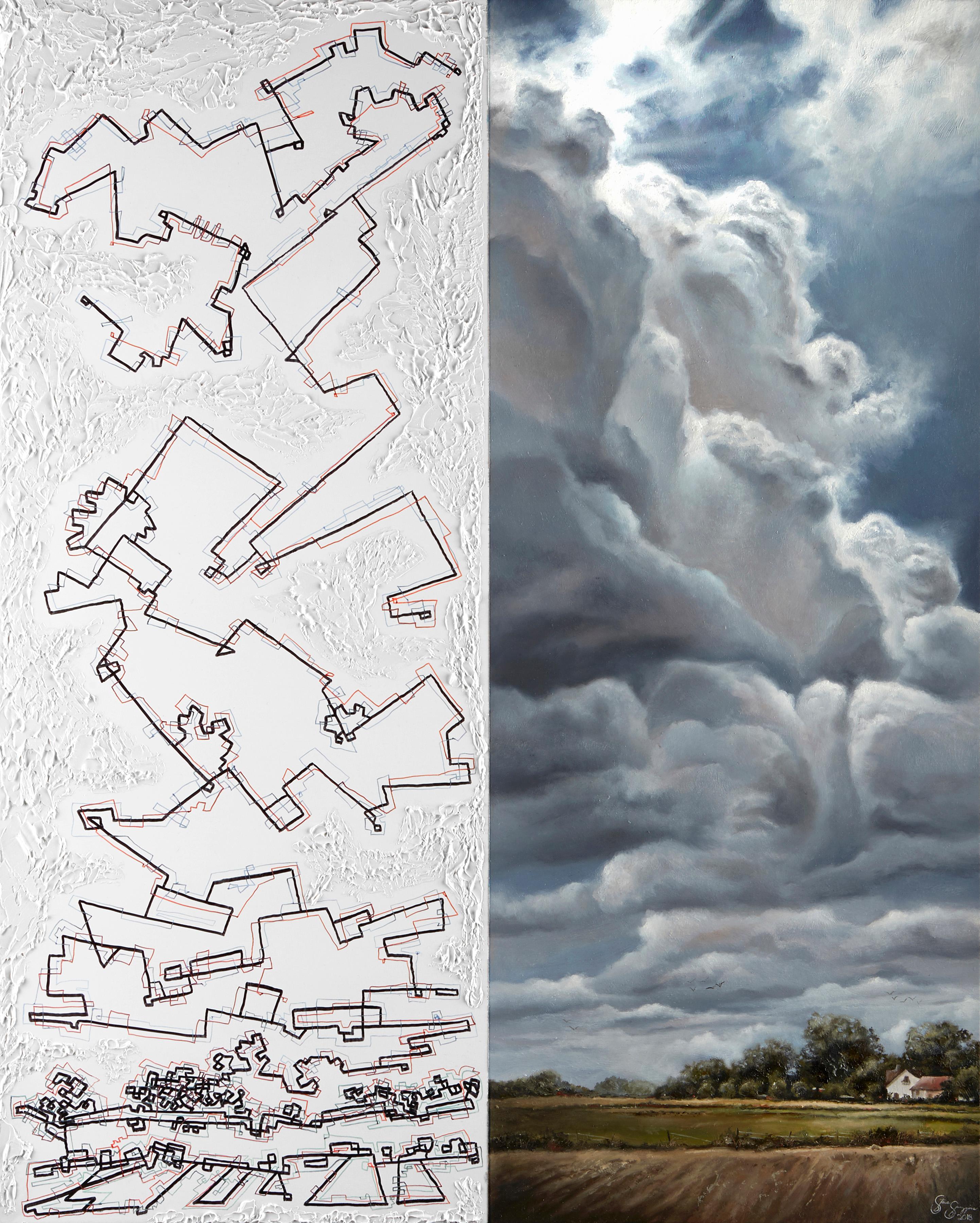 Steve Sangapore Landscape Painting - "Collapse: Of the Environment #3", geometric, landscape, ink, oil painting