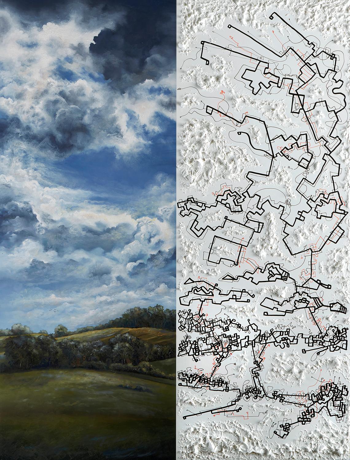 Steve Sangapore Landscape Painting - "Collapse: Of the Environment #5", landscape, geometric, oil, ink, painting