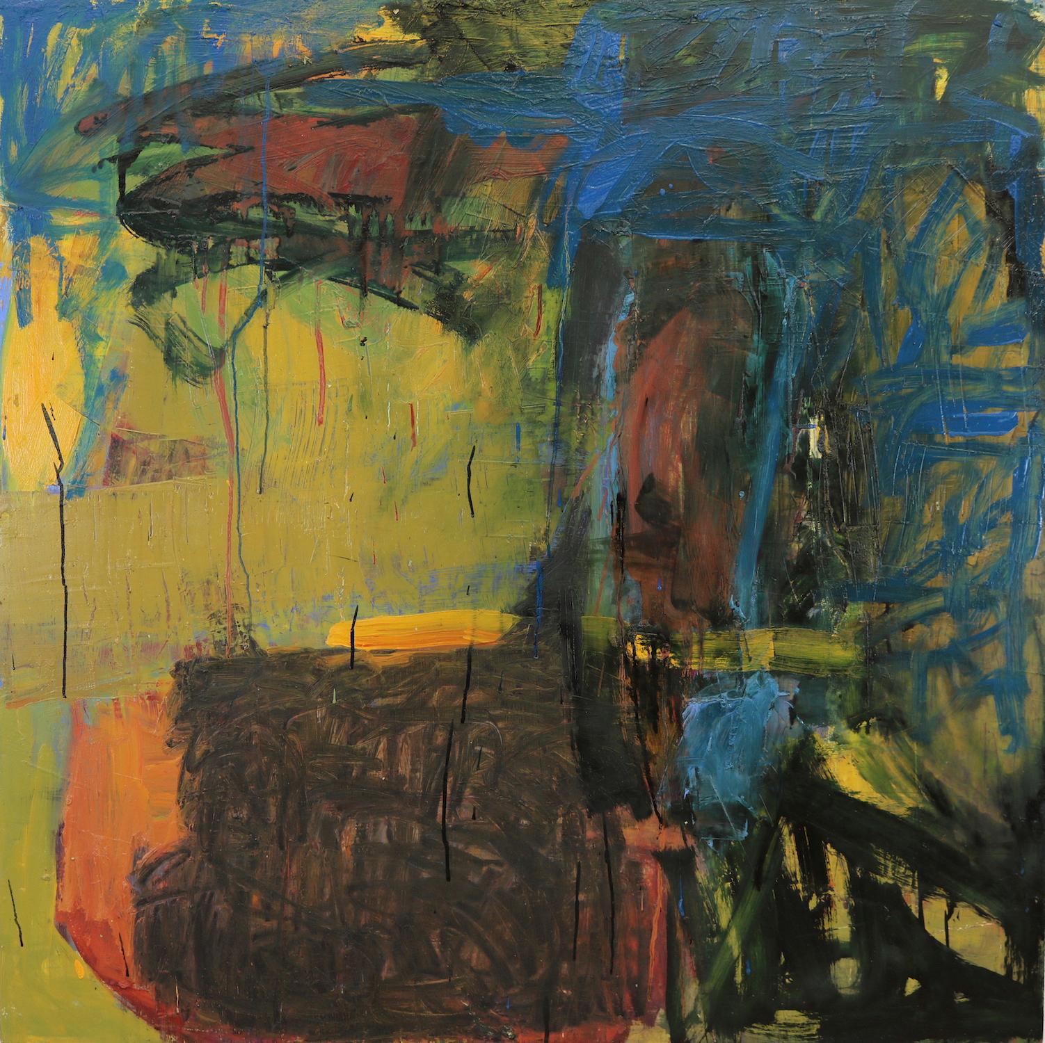 « Point of Departure », peinture abstraite, audacieuse, bleue, jaunes, rouges, technique mixte - Mixed Media Art de Leslie Zelamsky