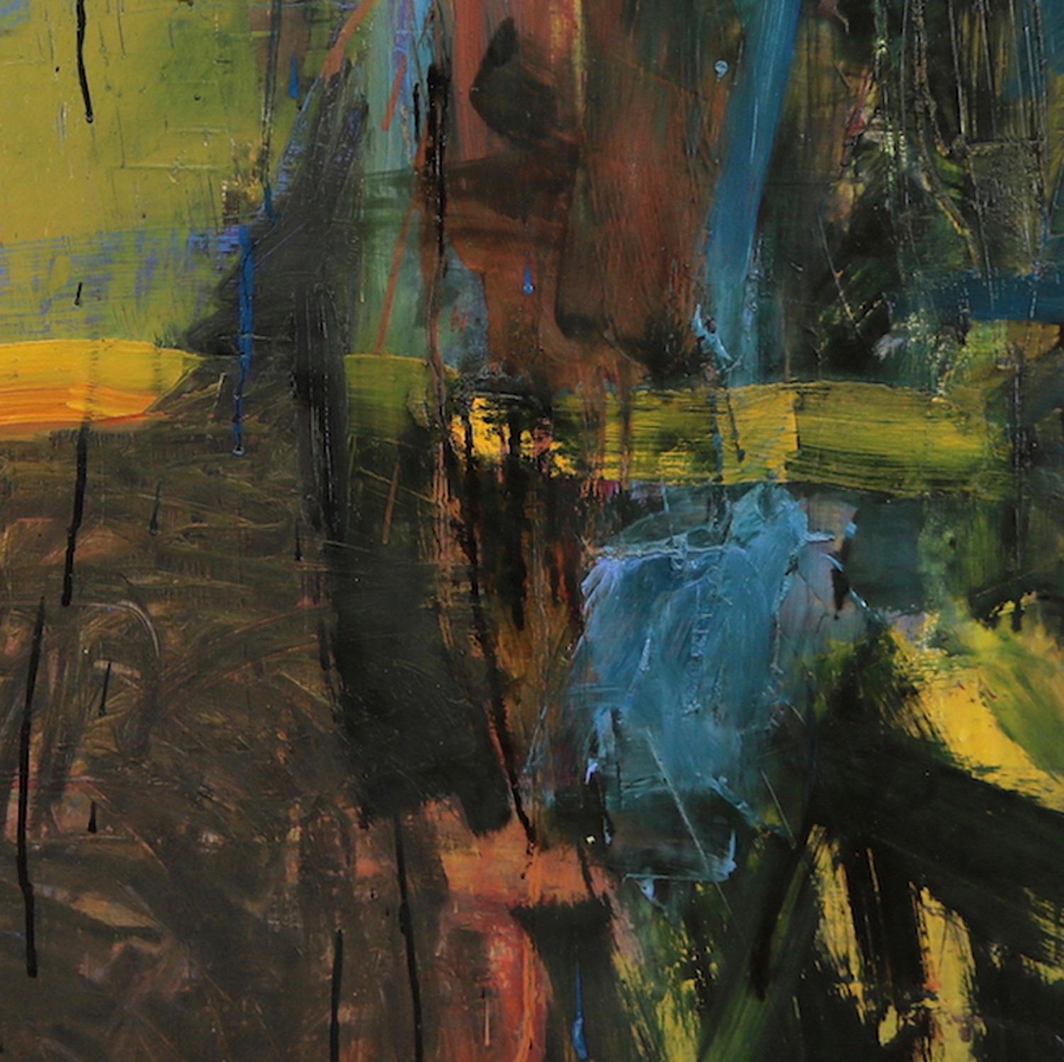 « Point of Departure », peinture abstraite, audacieuse, bleue, jaunes, rouges, technique mixte - Abstrait Mixed Media Art par Leslie Zelamsky