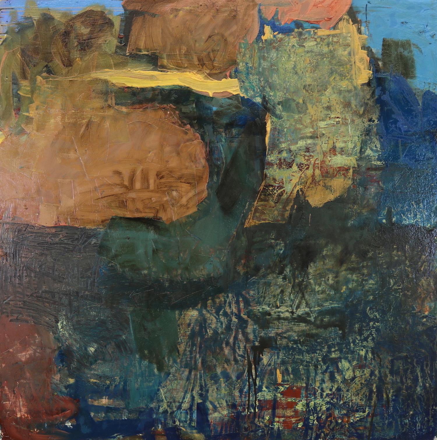 „Point of Departure 2“, abstraktes Gemälde in Mischtechnik, Blau, Grün, Rosa