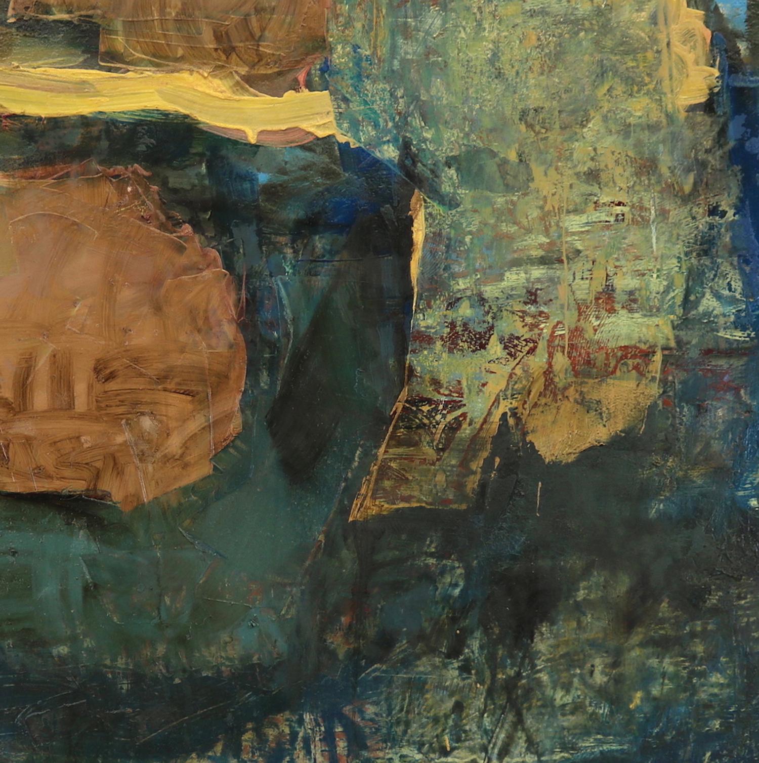 „Point of Departure 2“, abstraktes Gemälde in Mischtechnik, Blau, Grün, Rosa – Painting von Leslie Zelamsky