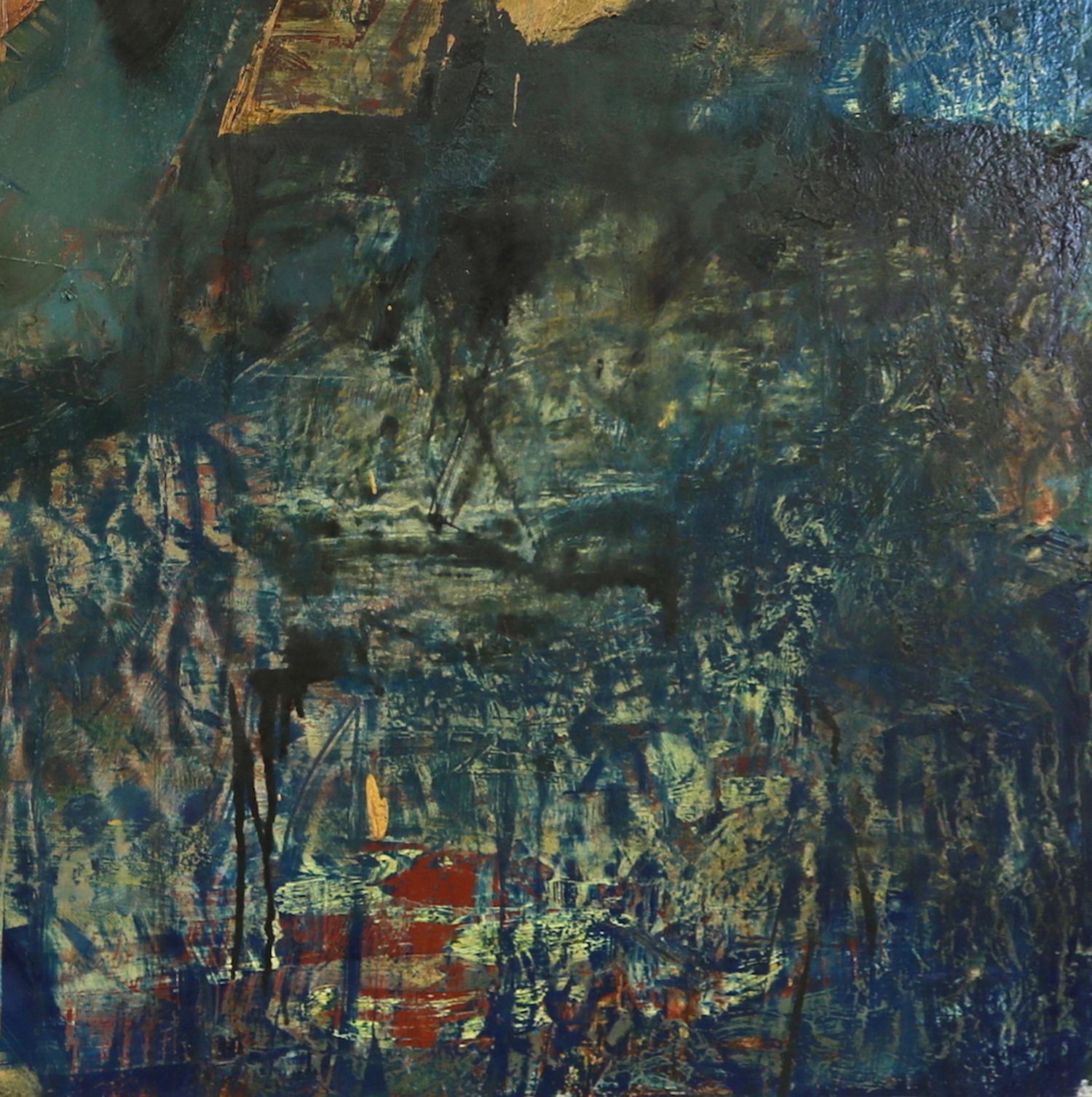 „Point of Departure 2“, abstraktes Gemälde in Mischtechnik, Blau, Grün, Rosa (Abstrakt), Painting, von Leslie Zelamsky