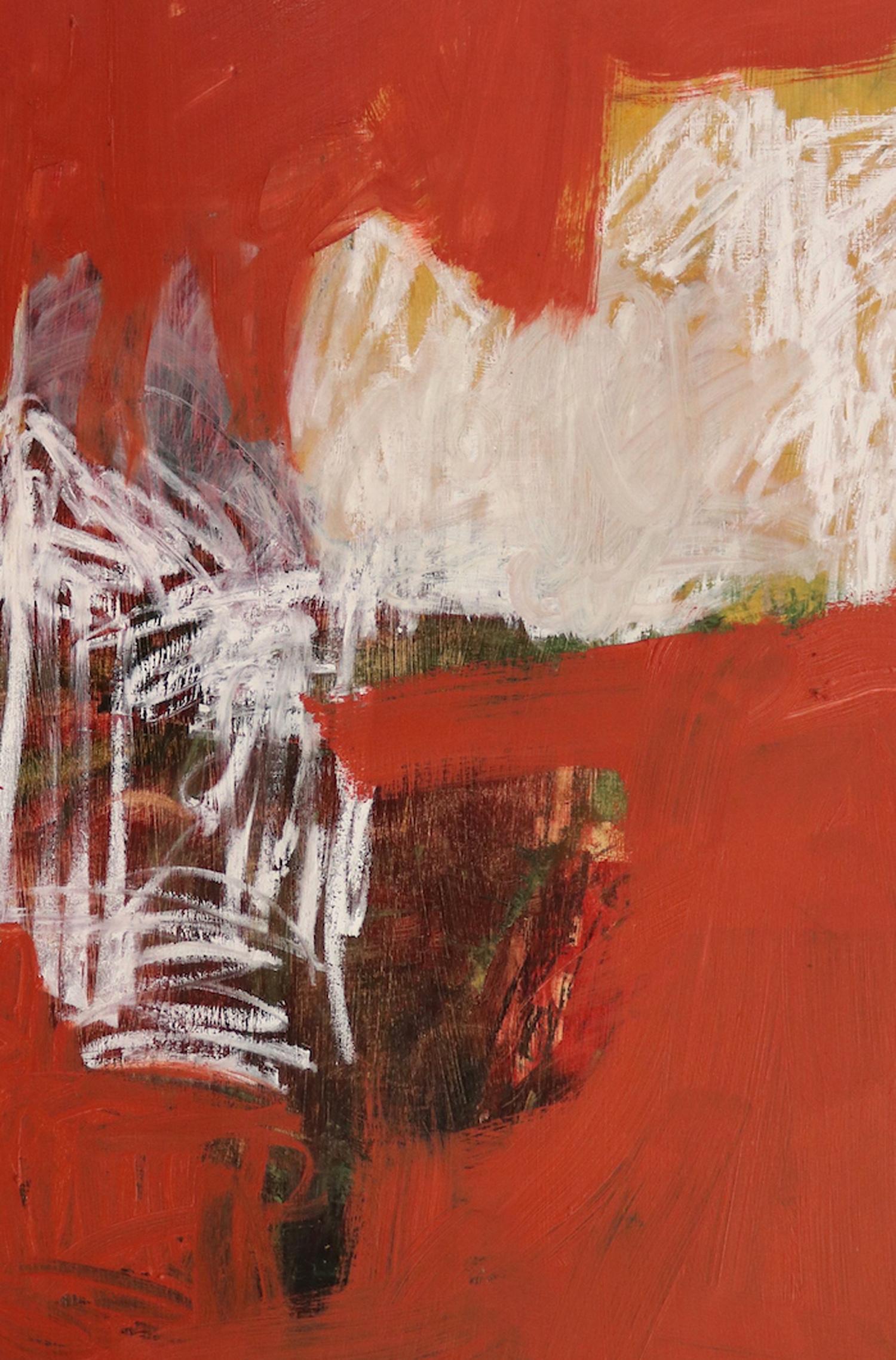 „Point of Departure 3“, abstrakt, kühn, orange, rot, grün, Mischtechnik (Zeitgenössisch), Mixed Media Art, von Leslie Zelamsky