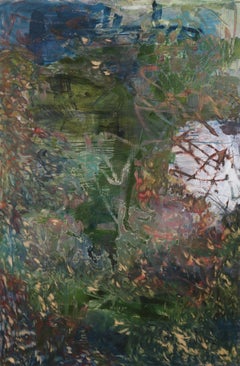 „Point of Departure 6“, abstraktes Gemälde, Landschaft, grün, blau, Mischtechnik
