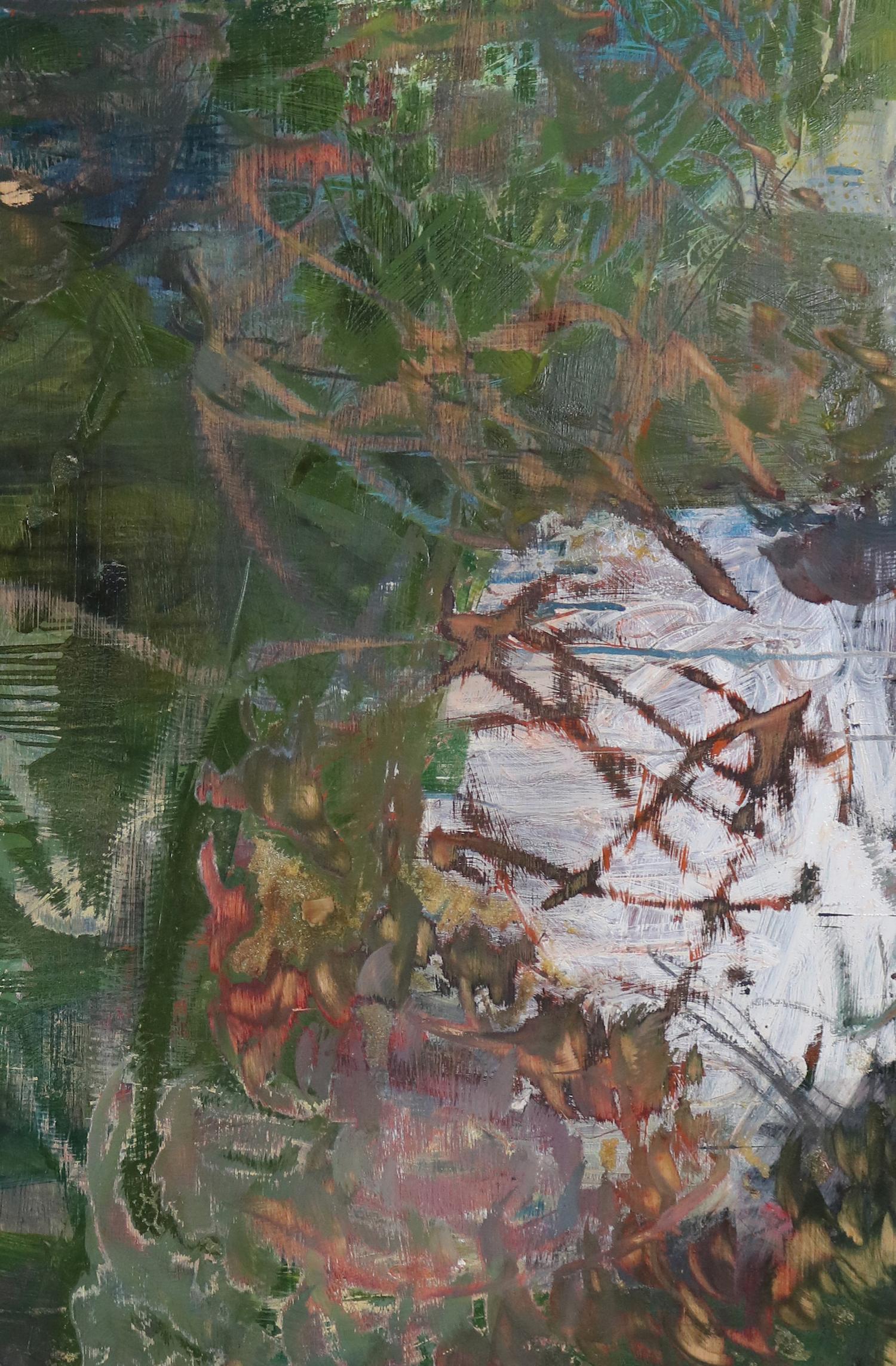 „Point of Departure 6“, abstraktes Gemälde, Landschaft, grün, blau, Mischtechnik – Painting von Leslie Zelamsky