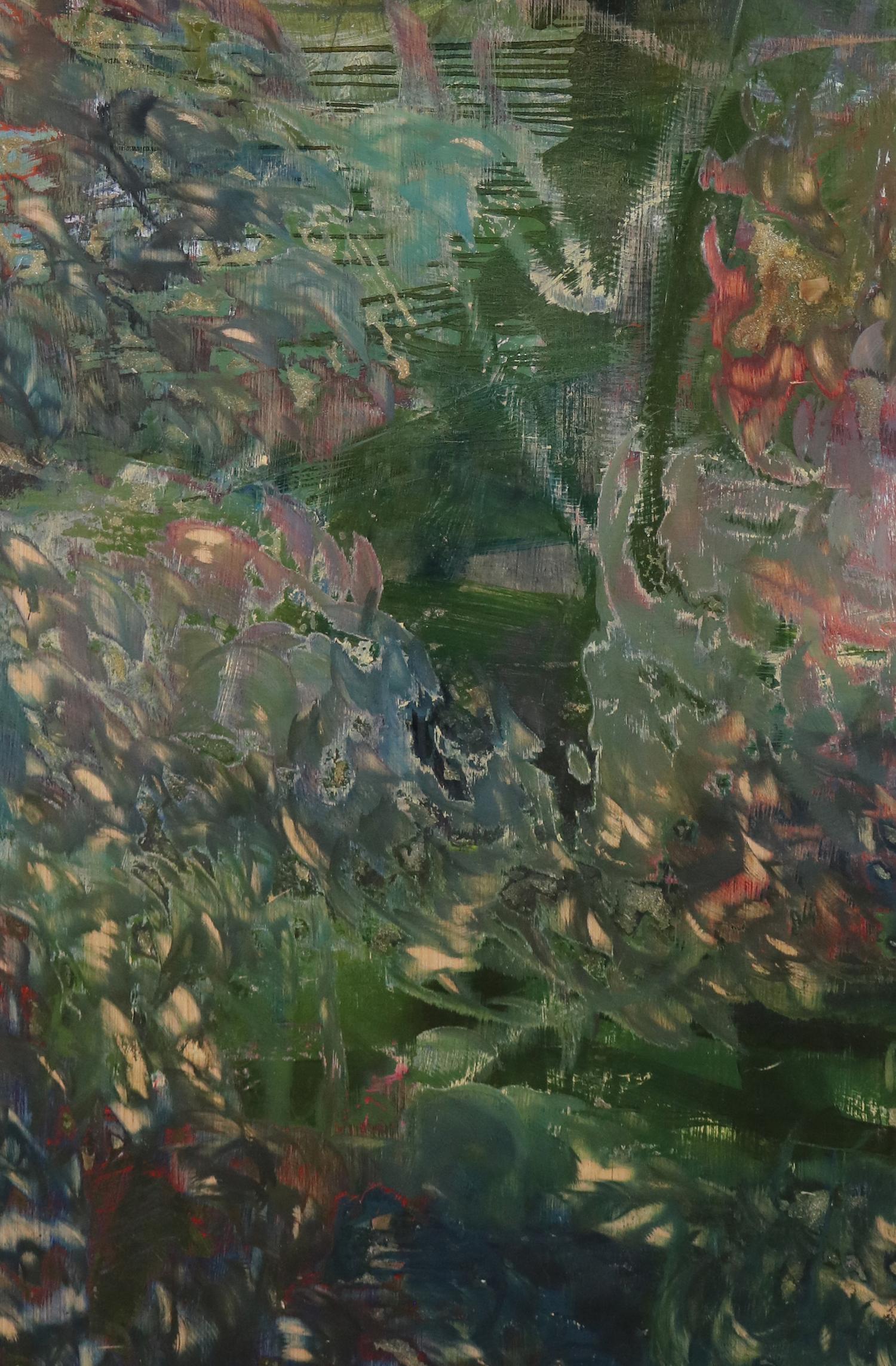 „Point of Departure 6“, abstraktes Gemälde, Landschaft, grün, blau, Mischtechnik (Zeitgenössisch), Painting, von Leslie Zelamsky