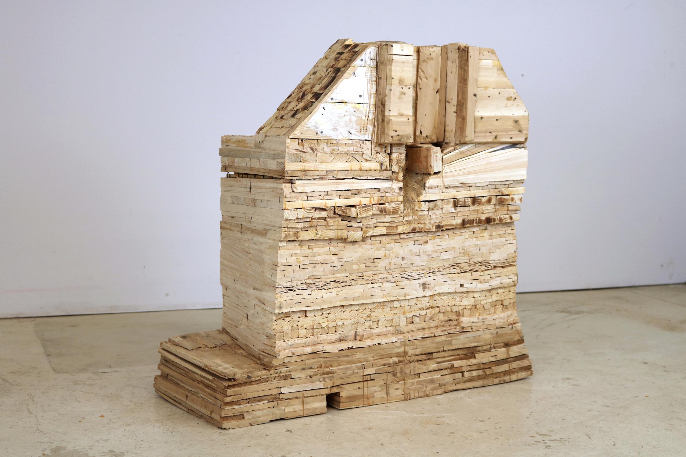 "Point of Departure 7", contemporary, wood, architectural, sculpture - Sculpture by Leslie Zelamsky