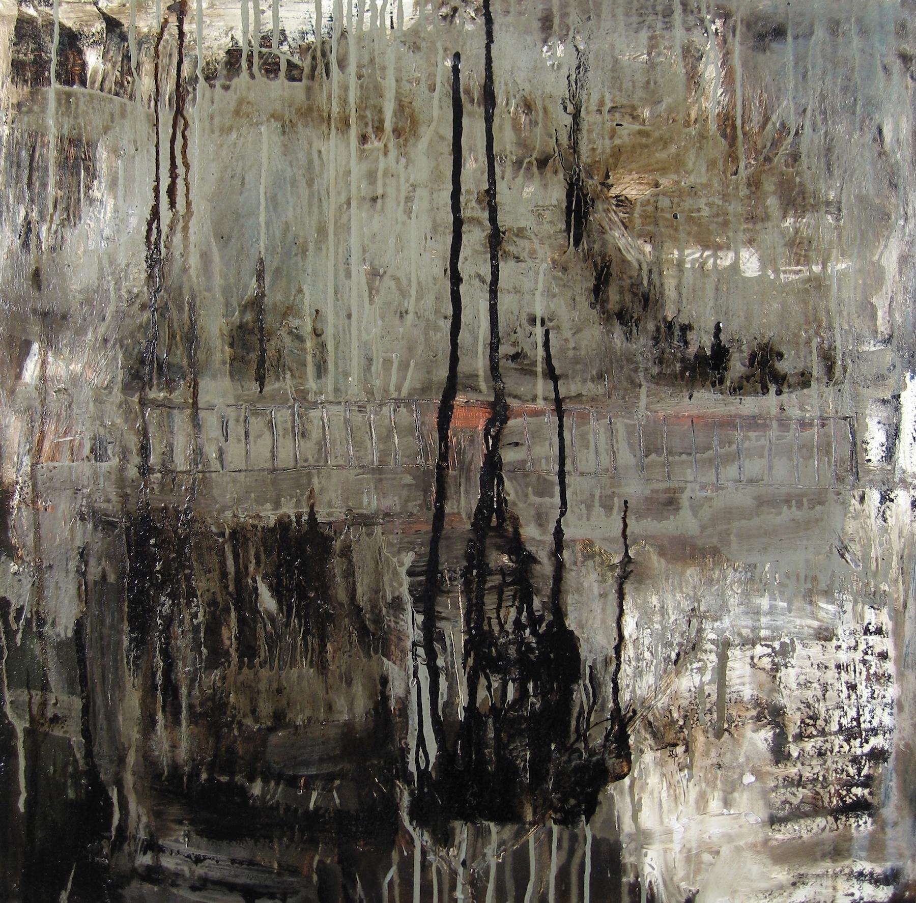 « Ayeka », peinture à l'huile abstraite, grise, noire, neutre, technique mixte - Mixed Media Art de Leslie Zelamsky