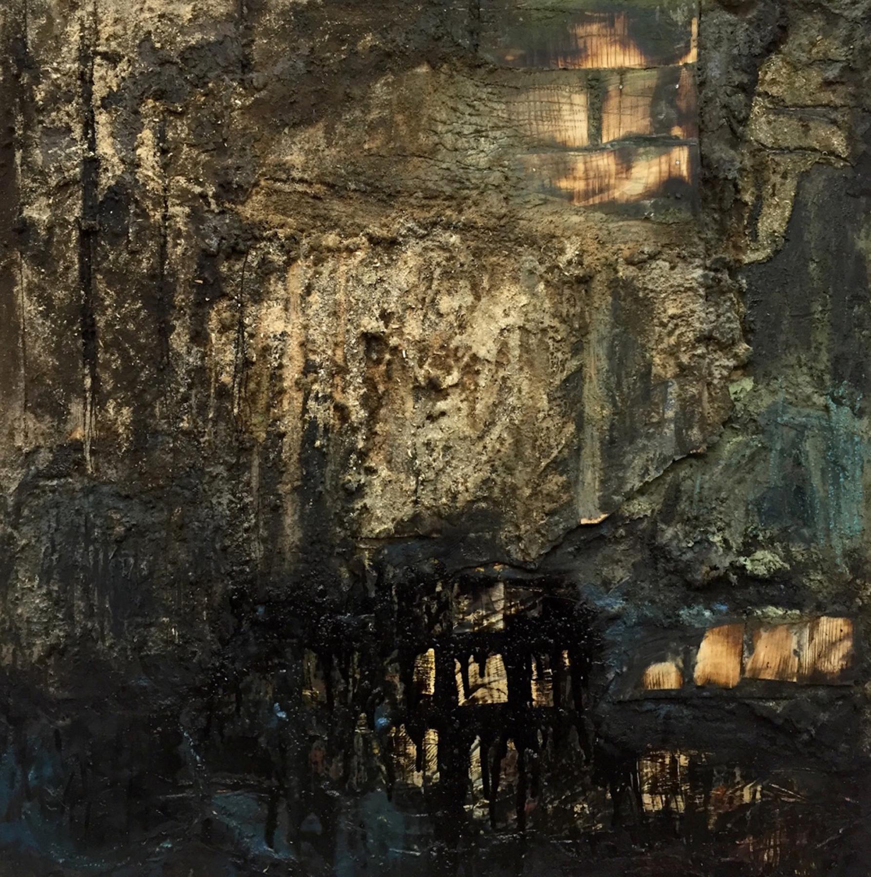 Abstract Painting Leslie Zelamsky - "Leftovers", abstrait, couleurs sombres, techniques mixtes, huile, peinture