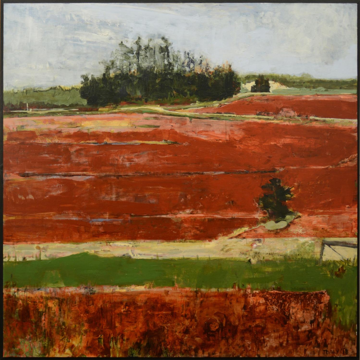 John J. Daly Landscape Painting - "Red Brook XIV", acrylic painting, contemporary, landscape, red, green
