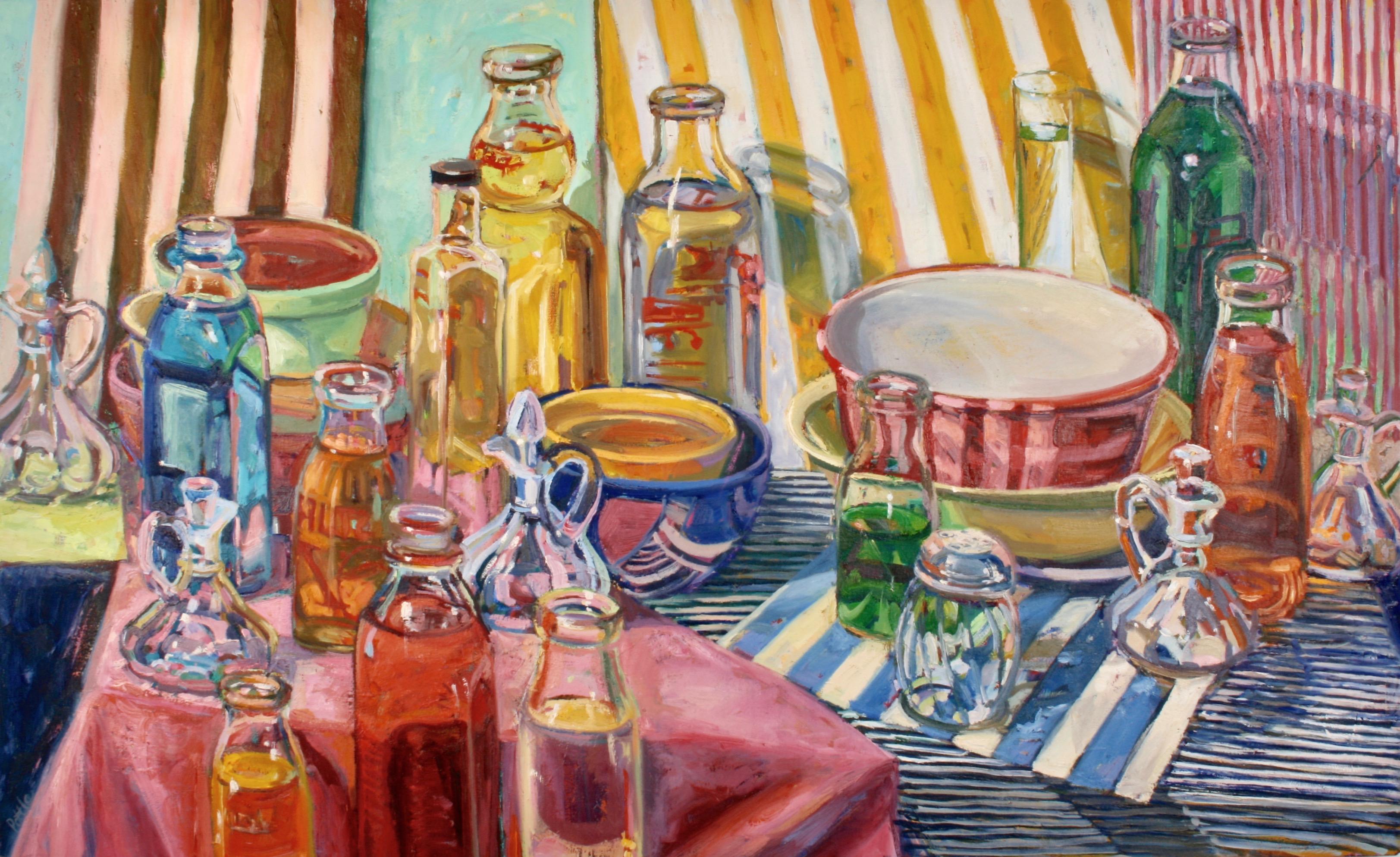 Jill Pottle Still-Life Painting - "Milk Bottles", contemporary, still life, bold colors, retro, oil painting