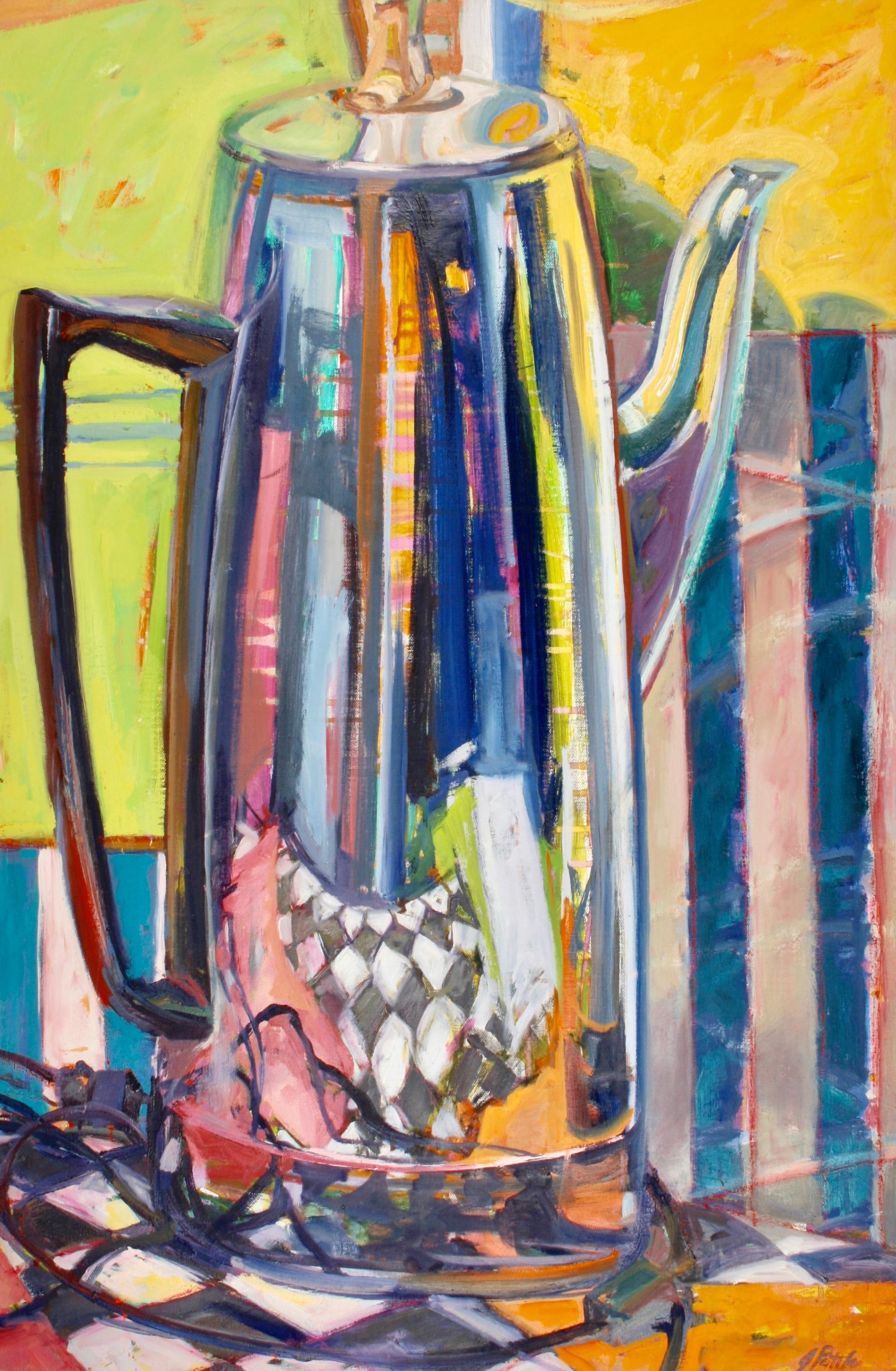"Silver Pot I", contemporary, still life, retro, acrylic, oil, painting - Painting by Jill Pottle