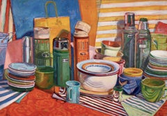 "Thermos Cluster", contemporary, still life, retro, high chroma, oil painting