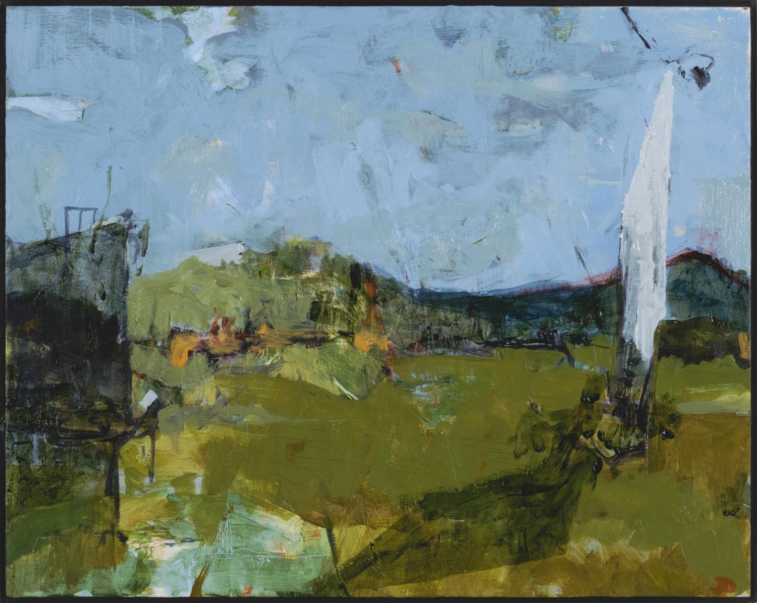 Landscape Painting John J. Daly - « Fort Ann II », acrylique, peinture, paysage, contemporain, bleu, vert, jaune