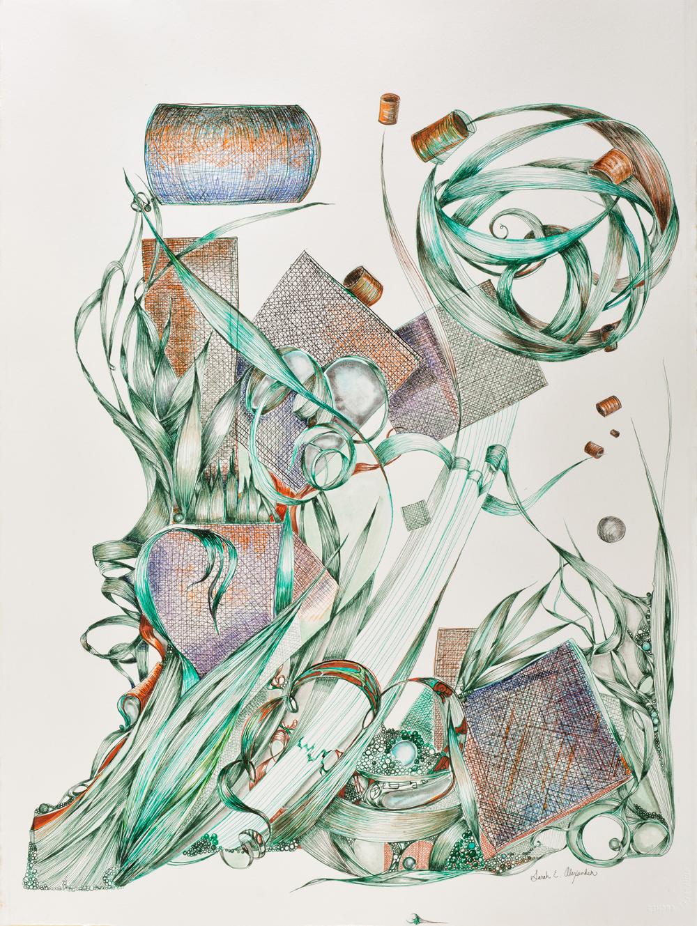 "Elude", contemporary, art deco, teal, green, amber, watercolor, drawing