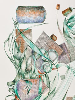 "Elude", Contemporáneo, Art Decó, Cerceta, Verde, Ámbar, Acuarela, Dibujo, 2017