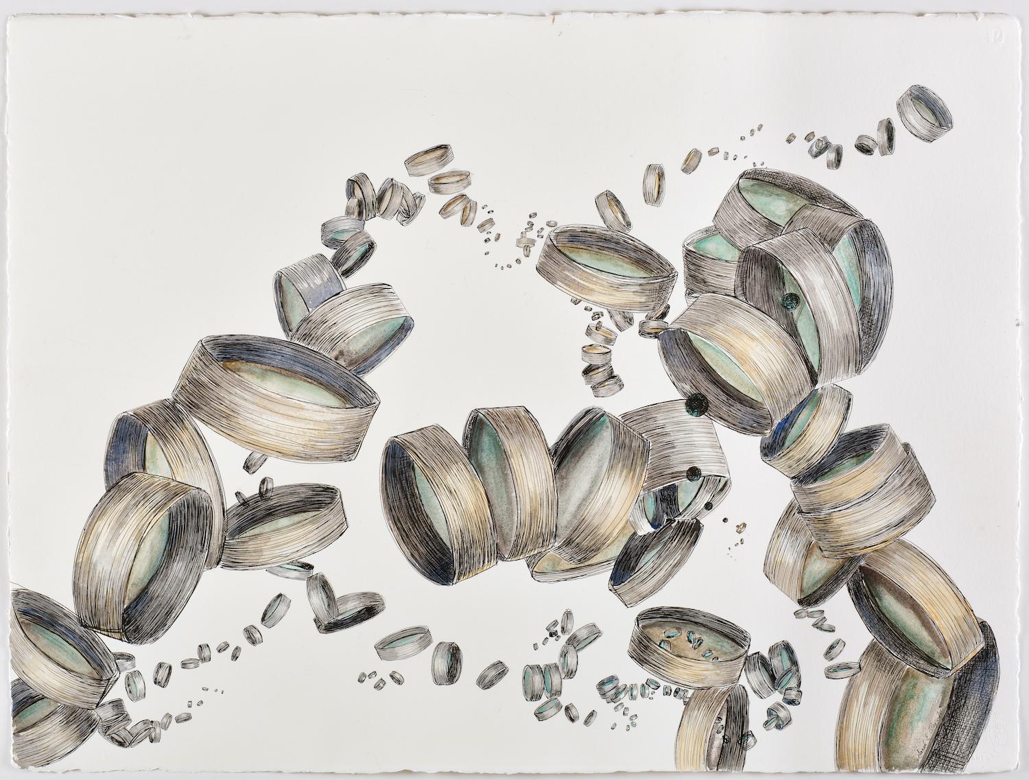 Sarah Alexander Abstract Painting - "Brainstorm", contemporary, green, gray, watercolor, pen and ink, drawing