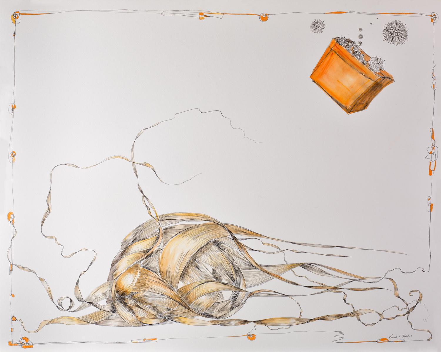"Heave-Ho", contemporary, botanical, orange, sepia, watercolor, ink, drawing - Art by Sarah Alexander