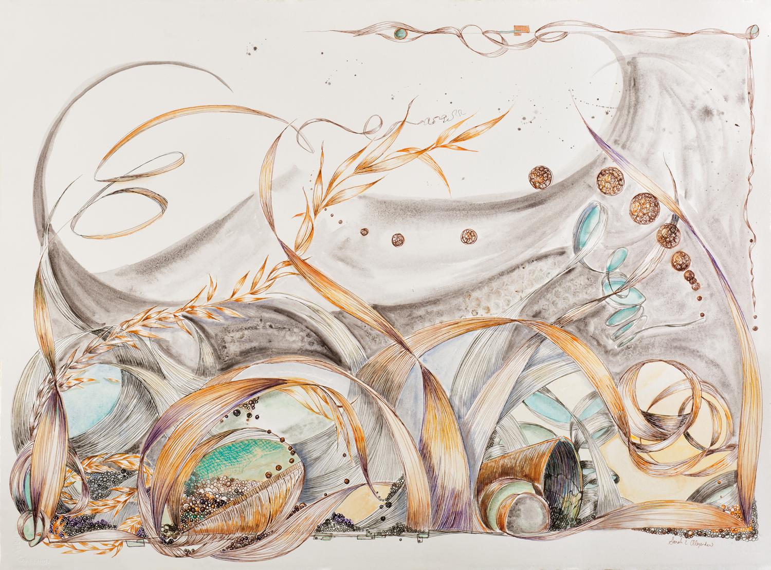 "In punta di piedi, eccomi", contemporaneo, giallo, tonalità della terra, acquerello, disegno - Art di Sarah Alexander