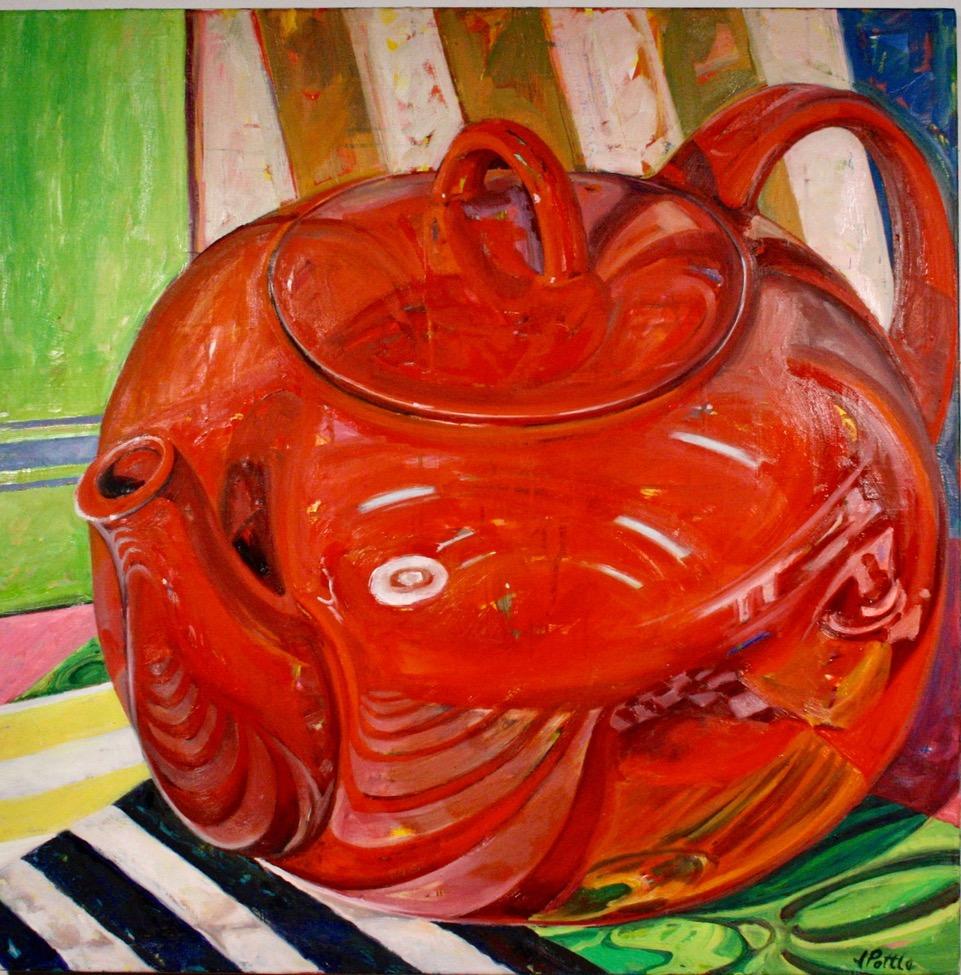"Red Pot", contemporary, still life, retro, high chroma, oil painting - Painting by Jill Pottle