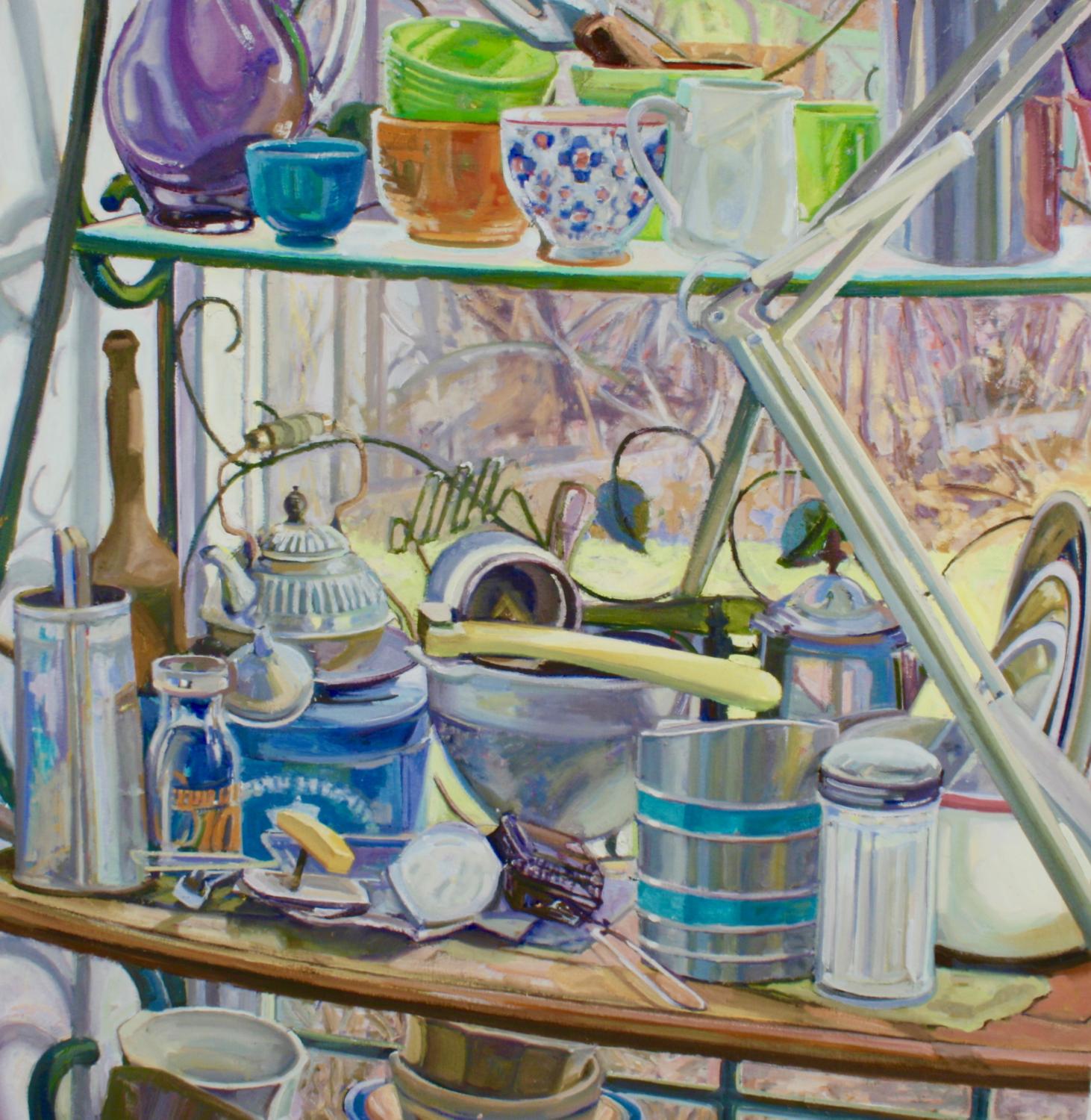 "Illuminated Kitchenware", still life, retro, high chroma, oil painting - Painting by Jill Pottle