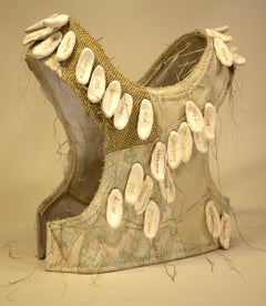 "Noncommittal", contemporary, vest, gold, white, ceramic, mixed media, sculpture