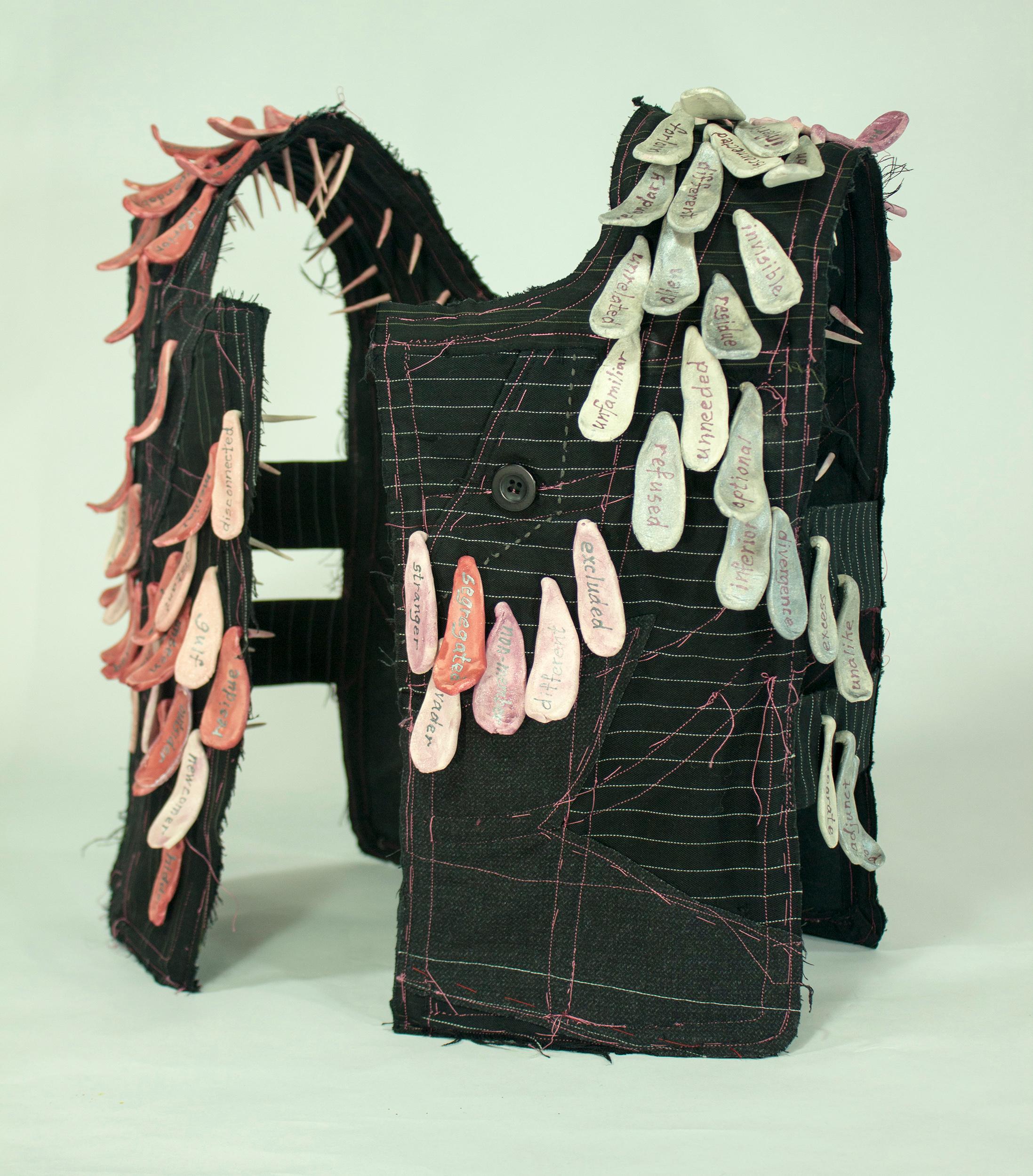 "Other", contemporary, vest, ceramic, black, white, pink, mixed media, sculpture - Sculpture by Virginia Mahoney