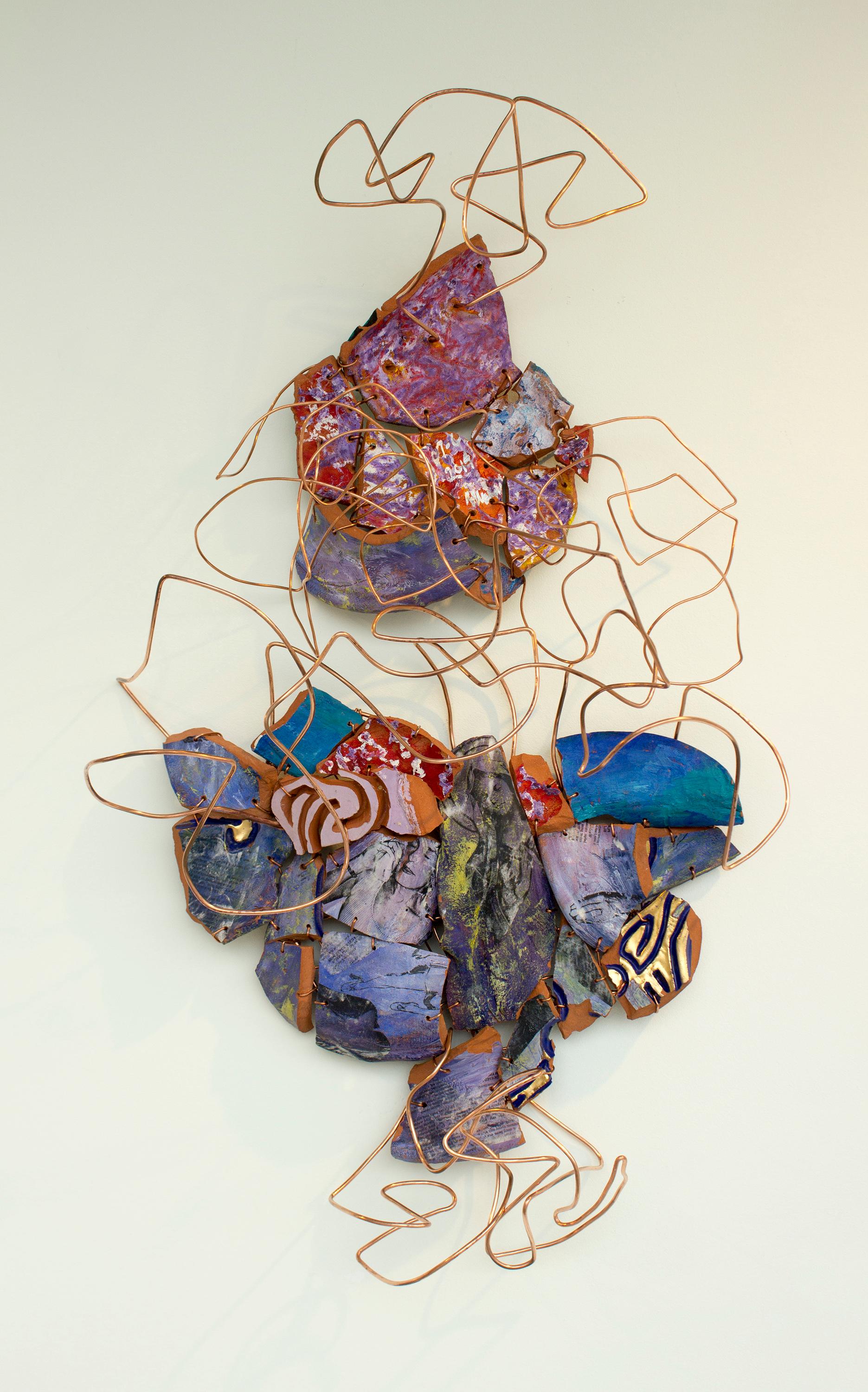 "Remix 7: Vessel Excavation", mixed media, abstract. sculpture, blues, purple - Sculpture by Virginia Mahoney