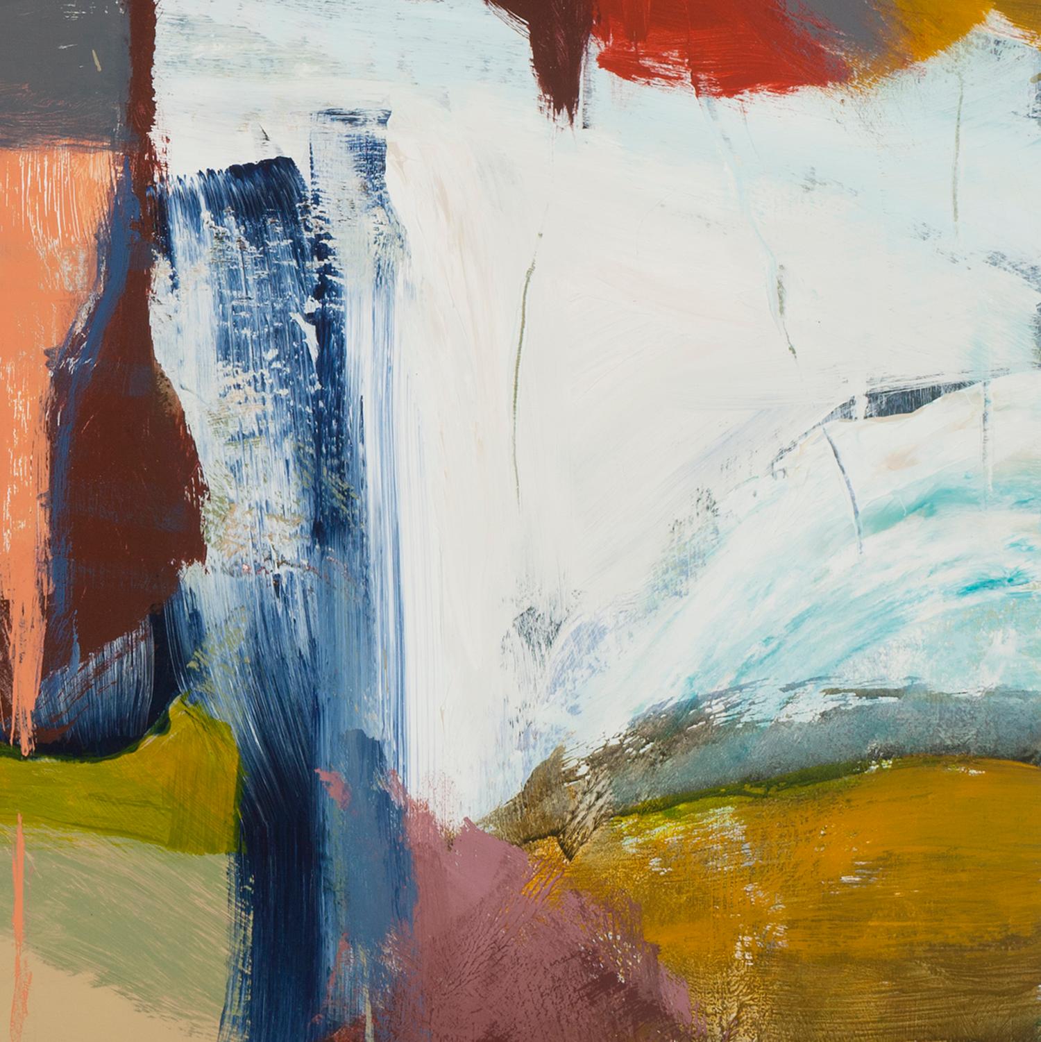 Melissa Shaak’s “A Place I Know” is a 50 x 38 inch abstract acrylic painting on paper. Three small, bright-orange objects are set in the middle ground of a loose landscape or dreamscape. The surroundings contain a playful array of paint textures,
