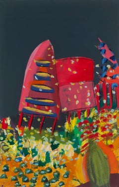 « Hoopla », abstrait, audacieux, rouge, rose, gris, vert, orange, peinture acrylique