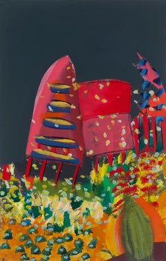 "Hoopla", astratto, audace, rosso, rosa, grigio, verde, arancione, pittura acrilica
