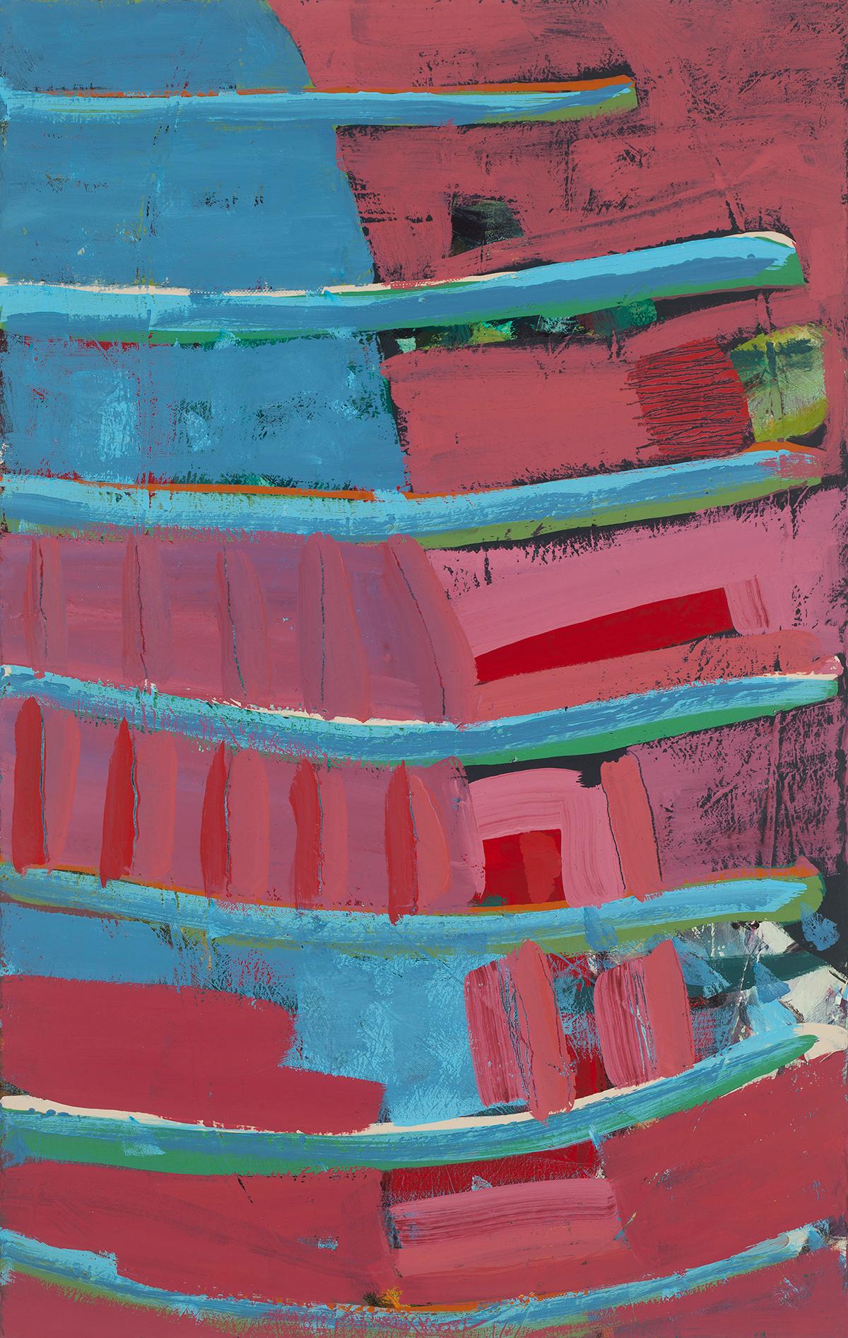 "Easements", abstract, blues, reds, textured, acrylic painting - Painting by Melissa Shaak