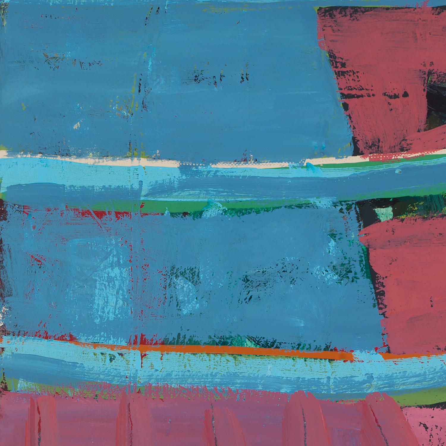 Melissa Shaak’s “Easements” is a 40 x 26 inch abstract acrylic painting on top-quality Arches paper. Pastel blues and reds play off each other in curvilinear sections, one atop the next. While the paint is rough and thickly textured, the overall