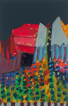 "Fiesta Road", astratto, festivo, audace, rosso, grigio, luminoso, pittura acrilica