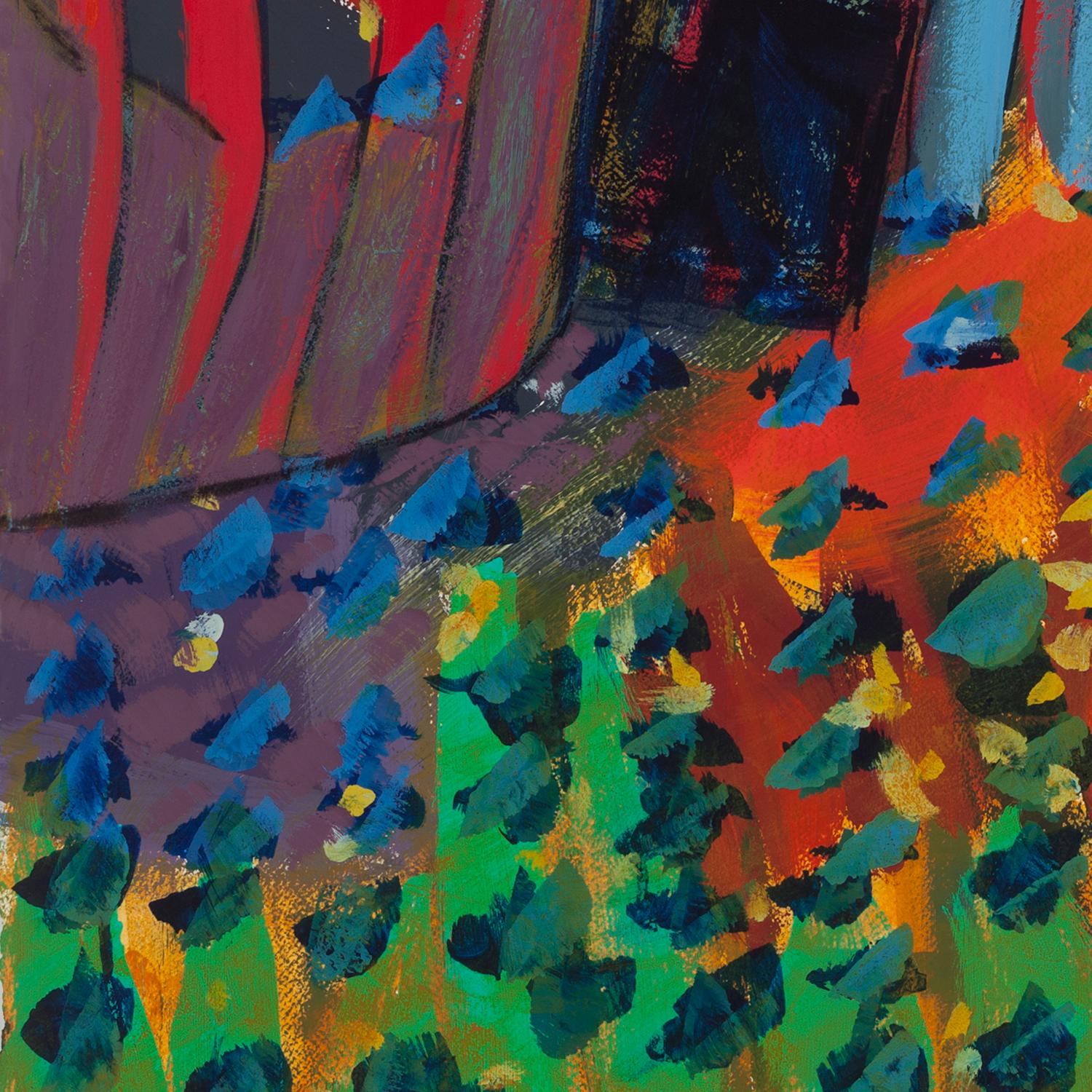 Melissa Shaak’s “Fiesta Road” is a 40 x 26 inch abstract acrylic painting on top-quality Arches paper. A bright red lantern-shaped structure is the focal point of this festive scene. Confetti-like color illuminates the field in the foreground, while