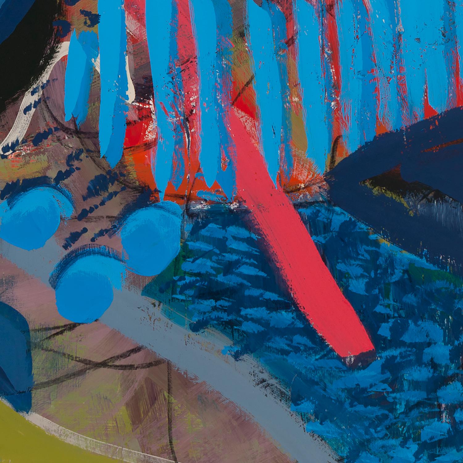 « Big Blues », peinture géométrique, abstraite, rouge, vert, or, acrylique - Vert Abstract Painting par Melissa Shaak
