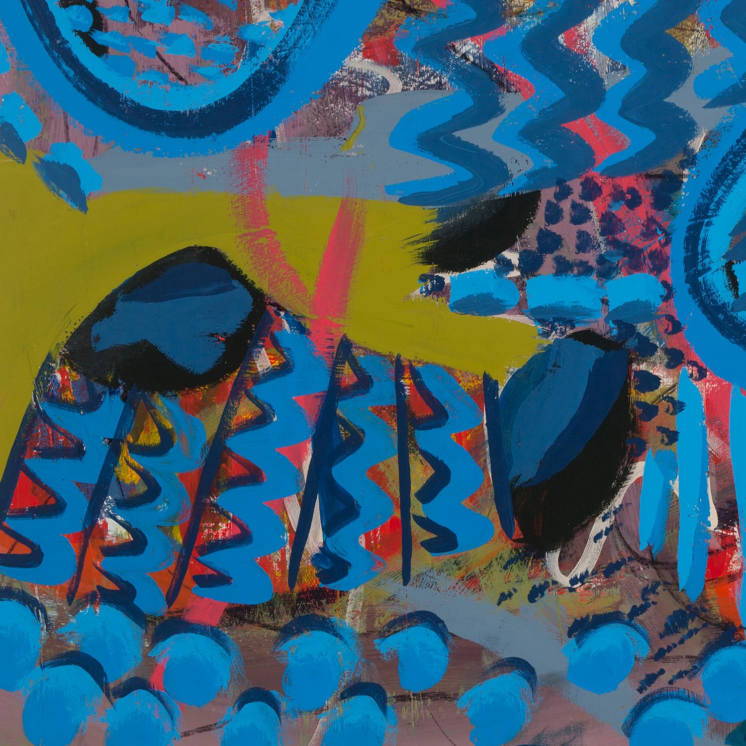 « Big Blues », peinture géométrique, abstraite, rouge, vert, or, acrylique - Abstrait Painting par Melissa Shaak