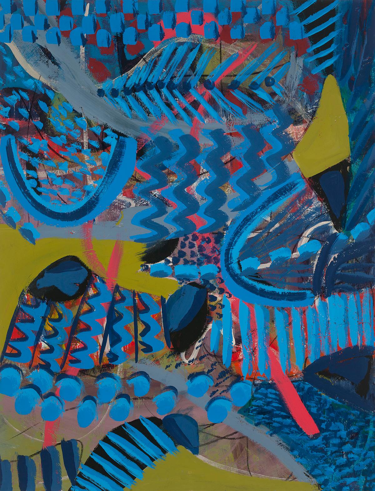Abstract Painting Melissa Shaak - « Big Blues », peinture géométrique, abstraite, rouge, vert, or, acrylique